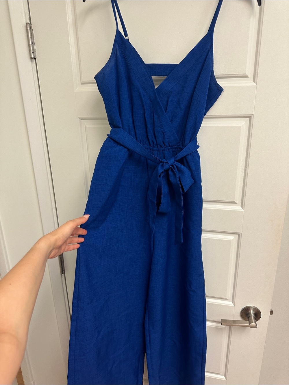Royal Blue Sleeveless Wrap Jumpsuit Dress with Tie Waist